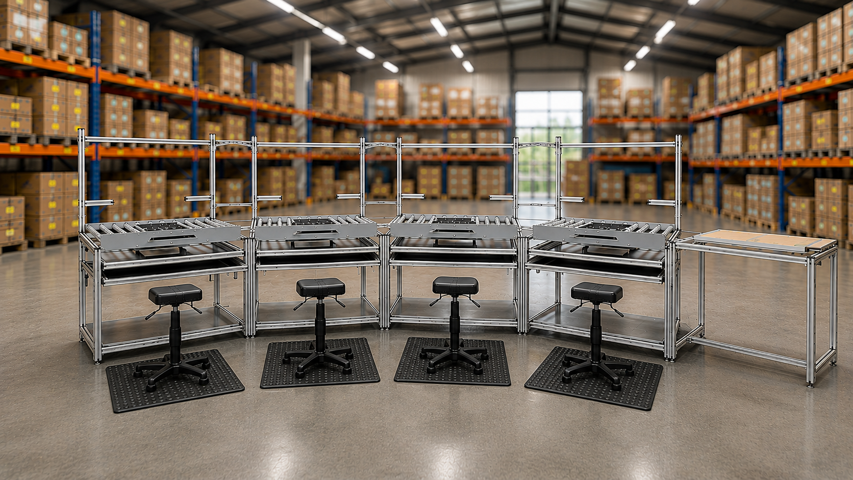 Four connected assembly workstations with roller tracks