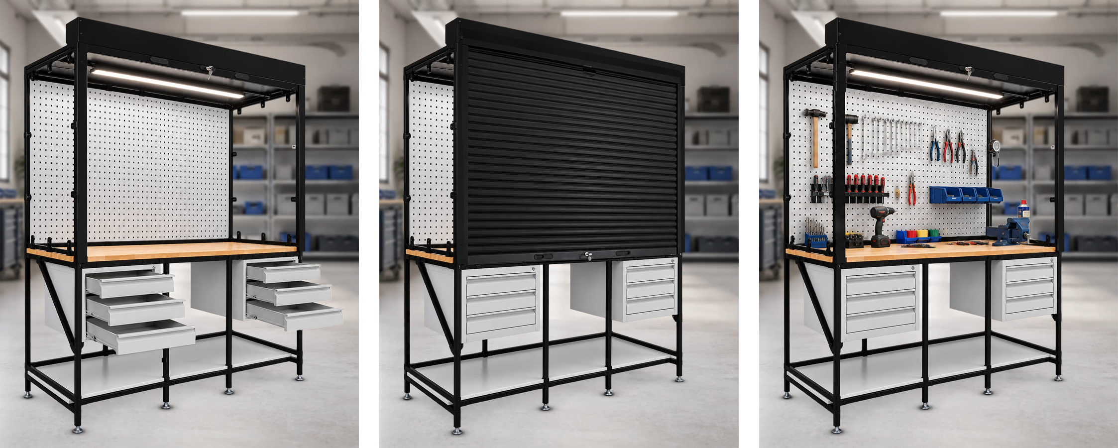 Three industrial workstation variants with drawer units, a perforated panel and a lockable roller shutter