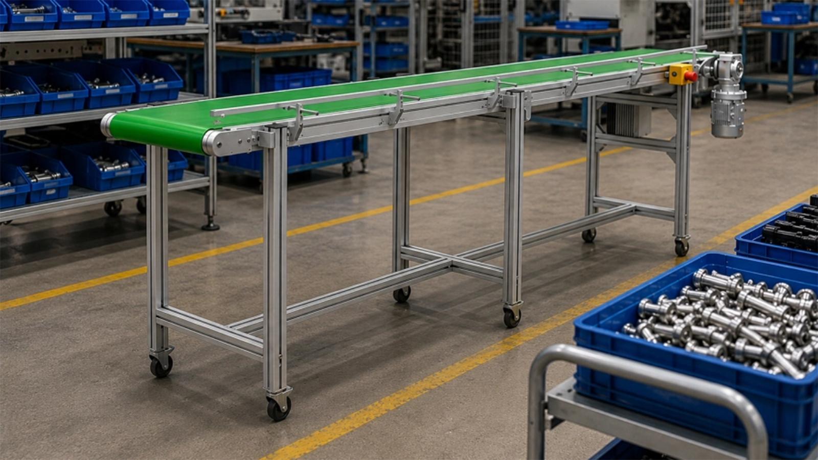 Mobile belt conveyor connecting a workstation with component crates