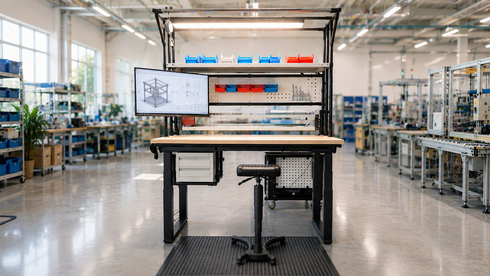 Production workstation with a modular structure, perforated panel, storage bins and drawer unit