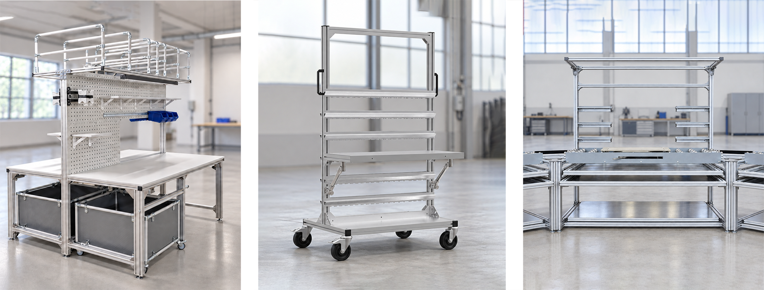 Workbench, mobile handling unit and ball transfer track built from aluminium profiles
