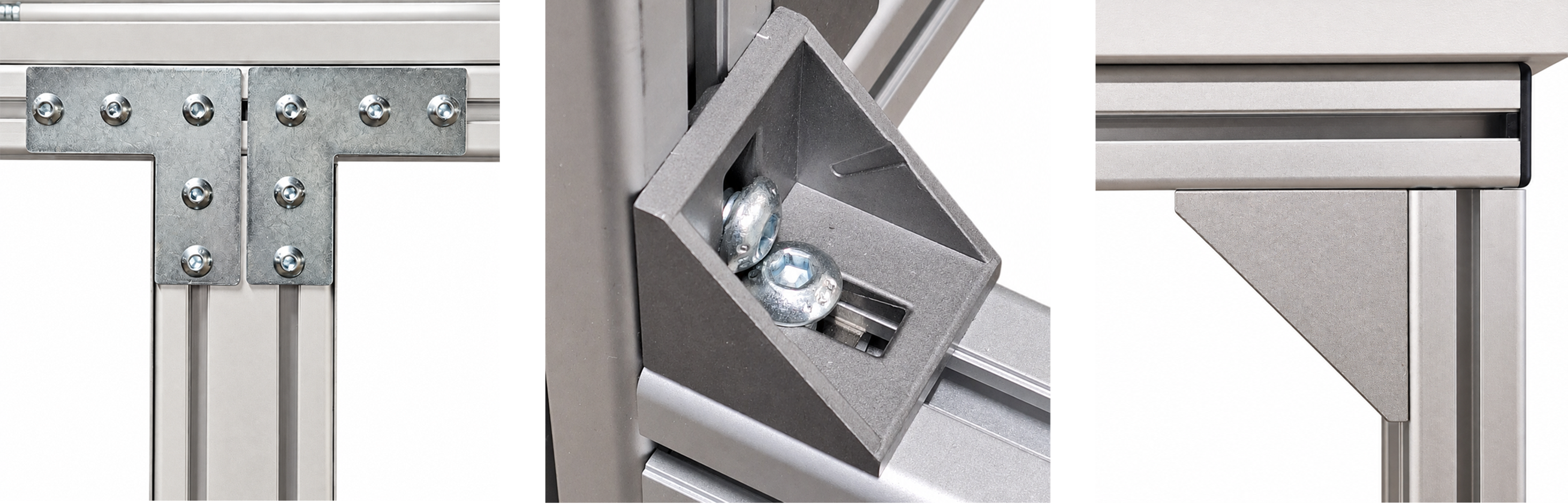 Connecting plates, angle brackets and braces on aluminium profile structures