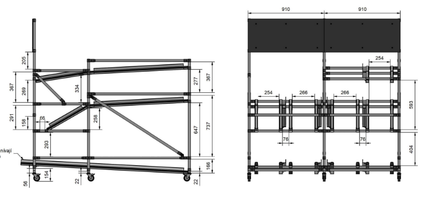 Technical drawing of a One Piece Flow production line with roller conveyors and ENPRAG modular structure