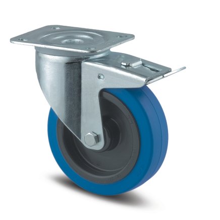 Swivel industrial wheel, blue, ø 125 mm with total brake and mounting plate - 1