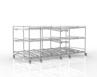 Three-level mobile gravity flow rack with roller tracks