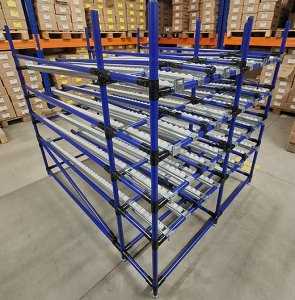 Gravity flow rack with roller tracks