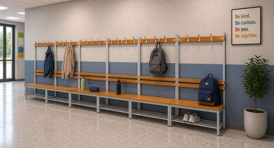 Changing room benches and hangers