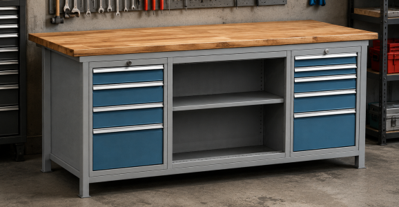 Workshop Tables with Integrated Storage Cabinets