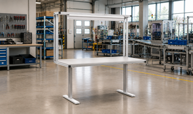 Electrically height-adjustable table made of aluminum profiles