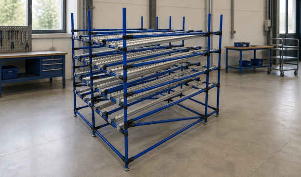 Gravity flow rack made of a tubular system