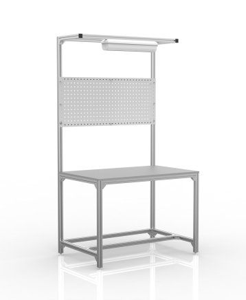 Workshop table made of aluminium profiles with upper structure (various variants)