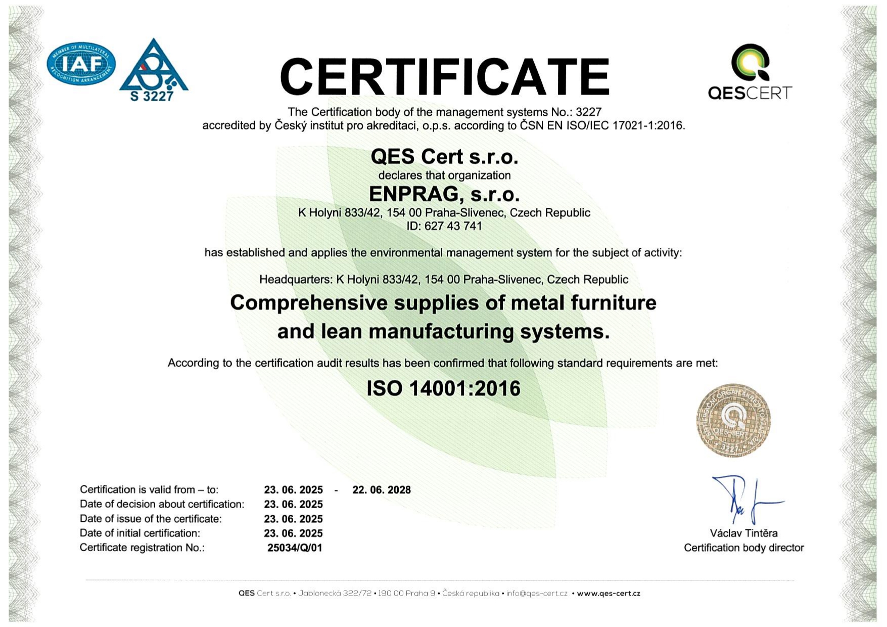 Enprag. s.r.o. has achieved ISO 14001:2016 certification for our Environmental Management System (EMS), which we use to improve our environmental performance and achieve sustainable goals and through which we effectively manage the environmental aspects of our operations, products and services.